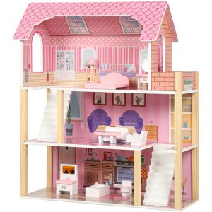 Aiyaplay Casa delle Bambole in Legno per Bambini, 3 Piani con 10 Mobili, 6 Stanze, Regalo per Ragazze 3-6 Anni, Rosa   Aosom Italy