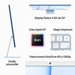 Apple iMac 24" Retina 4,5K con Chip M1 8 core CPU e 7 core GPU Archivazione 256GB e 8GB di memoria unificata Blu