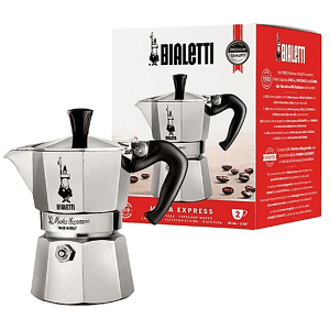 Bialetti Moka  Express 2 Tazze, Manico anti scottatura, Adatta a piani cottura gas, 90 ml, Alluminio