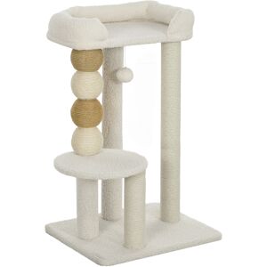 Pawhut Torre per Gatti con Lettino, Piattaforma e Pallina Giocattolo, in Legno, Peluche e Iuta, 48.5x40x76 cm, Beige