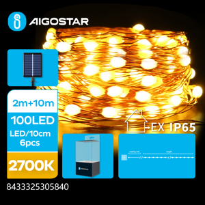 Aigostar catena luminosa solare con fili in rame 100 led 10mt - 2700k luce calda gialla - 8 giochi di luce - ip65 da esterno
