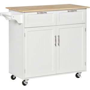 Homcom Carrello da Cucina Multiuso in Legno con 2 Cassetti, Armadietto e 4 Ruote, 104x46x91cm, Bianco Aosom