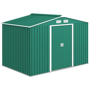 Outsunny Casetta da Giardino 4.9 m² con Fondazione, 4 Prese d'Aria e 2 Porte Scorrevoli, Capanno Porta Attrezzi in Lamiera d'Acciaio, 277x195x192 cm, Verde Scuro   Aosom Italy