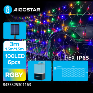 Aigostar catena luminosa solare a rete 100 led 1.5x1.5mt - rgby multicolor - 8 giochi di luce - ip65 da esterno