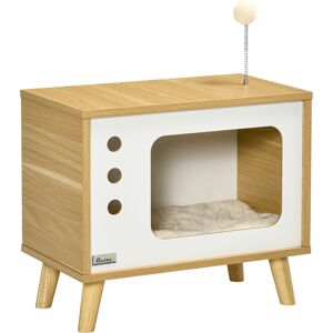 Pawhut Casetta per Gatti a forma di Televisore con Cuscino e Pallina Giocattolo, Mobile da Soggiorno in Truciolato, 50x28x43 cm Aosom