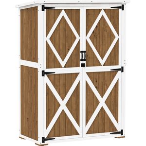 Outsunny Casetta da Giardino con 2 Ripiani e 2 Porte, Armadio Porta Attrezzi da Esterno in Legno, 116.5x57x159/167 cm, Marrone e Bianco   Aosom Italy