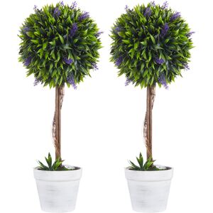 Homcom Set 2 Piante Artificiali Verdi a Sfera con Fiori di Lavanda e Vaso con Muschio e Cemento, Ø24x60 cm