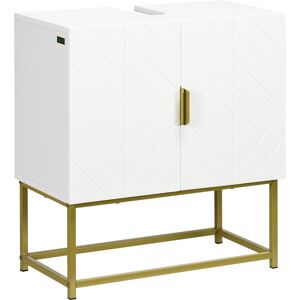 Kleankin Mobile Bagno Sottolavabo in Legno e Acciaio con Armadietto 2 Ante Spazioso 60x30x65cm Elegante Bianco e Oro per Arredo Bagno Moderno Aosom