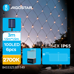 Aigostar catena luminosa solare a rete 100 led 1.5x1.5mt - 2700k luce calda gialla - 8 giochi di luce - ip65 da esterno