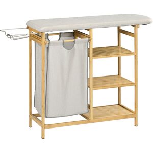 Homcom Cestino Portabiancheria in Bambù e Poliestere con Asse da Stiro e Ripiano a 3 Livelli, 113x34x82 cm