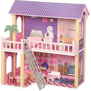 Aiyaplay Casa delle Bambole in Legno per Bambini, 2 Piani, 11 Mobili e 2 Bambole, Regalo per Ragazze 3-6 Anni, Rosa   Aosom Italy