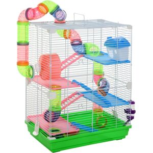Pawhut Gabbia con Maniglia per Criceti a 5 livelli con Tubi Colorati, Ruota per Criceti, Scale, Casetta e Accessori per Cibo, 46x30x58 cm Aosom