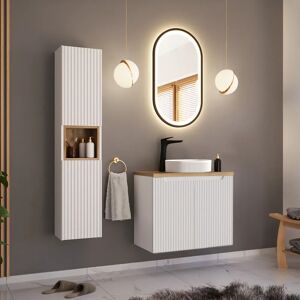 garneroarredamenti Mobile bagno sospeso cannettato 80cm con lavabo e colonna bianco rovere Cleany