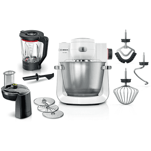 Bosch Frullatore  MUMS6EW22, 1600 W, Ciotola XXL da 5.5 L in Acciaio Inox, Frusta e Ganci, Dischi Vari, Frullatore, Accessori Inclusi Lavabili Lavastoviglie, Bianco