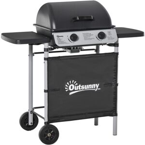 Outsunny Barbecue a Gas con Coperchio e 2 Bruciatori Totali da 5.6kW, BBQ in Acciaio con Ruote e Mensole, 104x49x99cm Nero Aosom